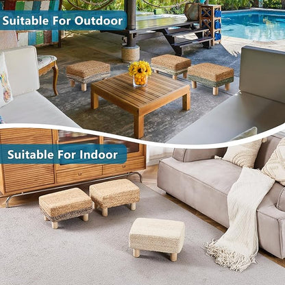 Wimarsbon Natural Seagrass Footstool Ottoman Rectangular Footrest Pouf Ottomans with Wooden Legs Hand Weave Step Stool for Living Room Bedroom Entryway Natural White