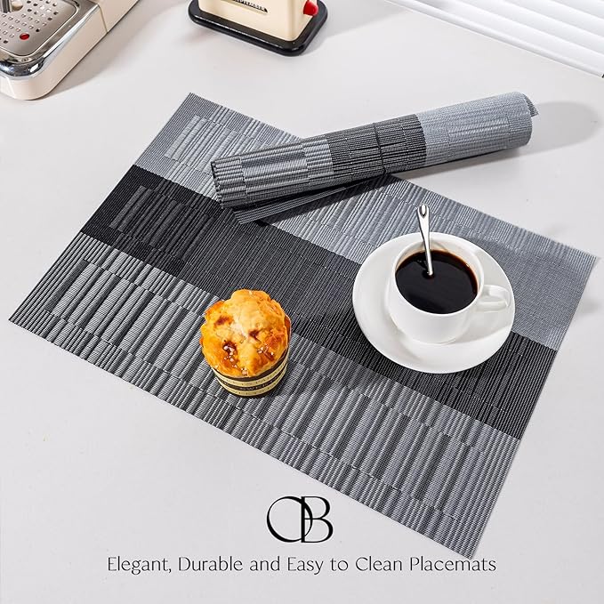 Placemats Set of 8 - Easy Clean Woven Vinyl Placemats for Dining Table, Indoor/Outdoor Place Mats, Washable PVC Table Mats （Silver Gray Black）