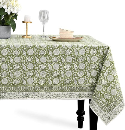 CPC Olive Bloom Tablecloth 100% Cotton 72x140 Inch Indian Block Print Rectangle Table Cover, Table Cloth for Gifting in Weddings, Halloween, Fall, Christmas, Thanksgiving