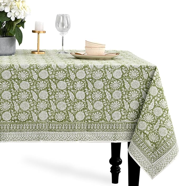 CPC Olive Bloom Tablecloth 100% Cotton 60x60 Inch Indian Block Print Rectangle Table Cover, Table Cloth for Gifting in Weddings, Halloween, Fall, Christmas, Thanksgiving