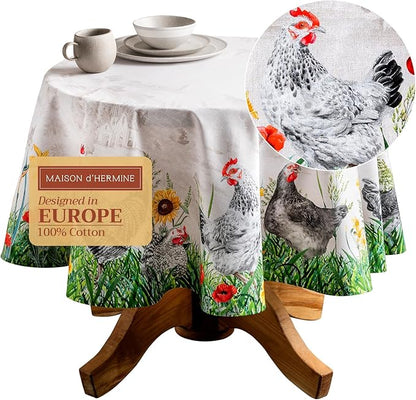 Maison d' Hermine Table Cloth Round Table 100% Cotton 69 Inches Tablecloth Reusable Decorative Everyday Use for Dining Room, Farmhouse, Home, Party, Festive & Wedding Spring Summer - Basse Cour