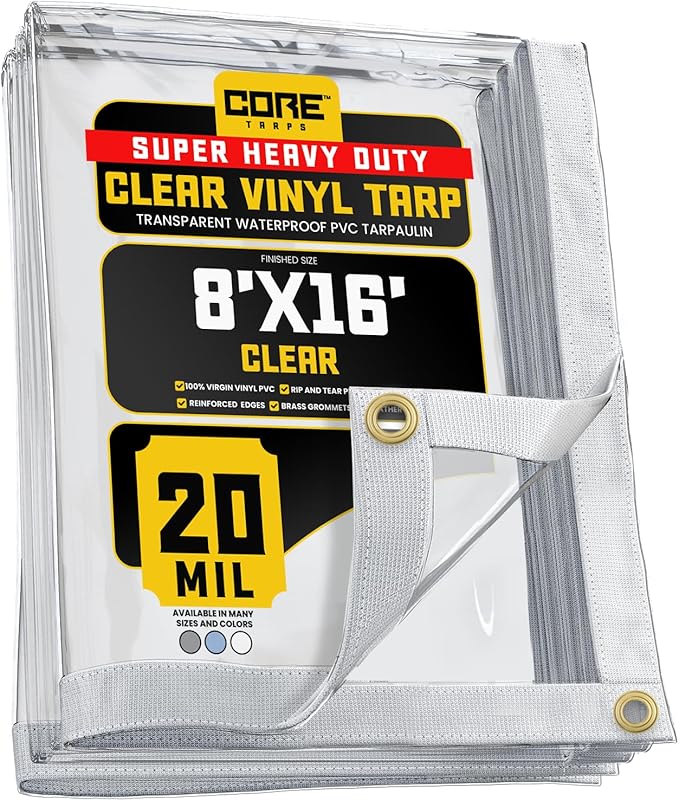 Core Tarps 20 Mil Extreme Heavy Duty Clear Tarp with Gromments - 8x16ft Super Clear Tarps Heavy Duty Waterproof Vinyl Tarpaulin, Transparent Tarp for Outdoor, Camping & Construction, Clear