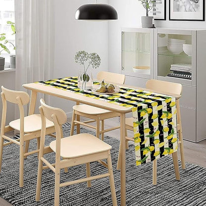 Farmhouse Lemon Fruit Table Runner Nature Aesthetic Black White Stripe Flowers Plant Dining Table Decoration for Home Holiday Party Dresser Kitchen Cabin Restaurant Wedding Decor 13×120in