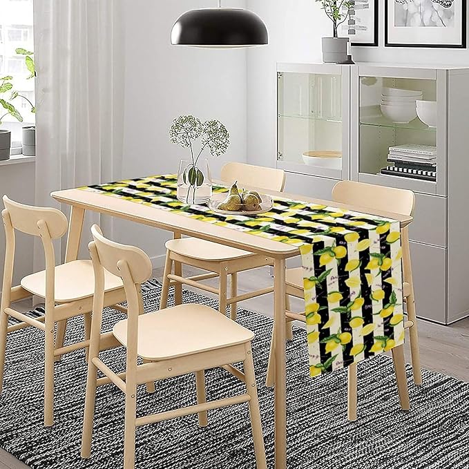 Farmhouse Lemon Fruit Table Runner Nature Aesthetic Black White Stripe Flowers Plant Dining Table Decoration for Home Holiday Party Dresser Kitchen Cabin Restaurant Wedding Decor 13×70in