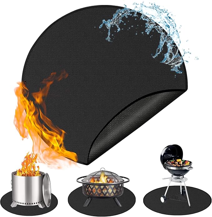 Anze Round Under Grill Mat for Outdoor Grill, 60 Inch Anti-Slip BBQ Floor Mats, Easy to Clean Reusable Fireproof Grill Pad, Oil-Proof Waterproof Protector for Deck Fireplace Pit Mat Black