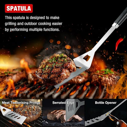 BBQ Grill Tools Set - Premium Stainless Steel Spatula, Tongs & Fork for Outdoor Cooking - Grilling Accessories Kit Gift for Men/Women, Dad, Grilling Lovers