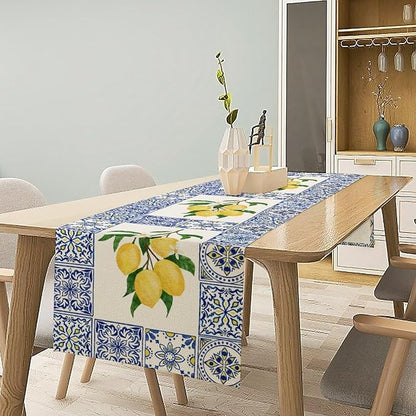 Yellow Lemon Table Runner, Blue Tiles Summer Holiday Tasty Fruit Healthy Fruit Vintage Watercolor Rustic Botanic Table Cover for Party Picnic Dining Room Kitchen, 13x36inch