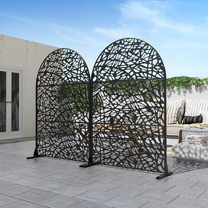 Casaphoria 72" H x 47" W Arched Metal Privacy Screen - Elegant Freestanding Outdoor Screen for Deck, Patio & Balcony - Versatile Decorative Privacy Panels for Home & Garden Use (Black-Net)