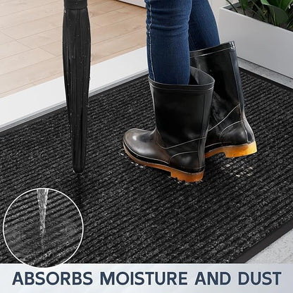 Front Door Mat, 48" x 36" Heavy Duty Indoor Outdoor Doormat, Non-Slip Welcome Mats for Entryway, Rubber Backing Low Profile Commercial Door Mats, Black Stripe