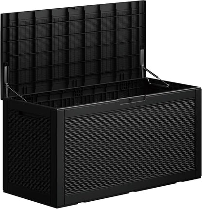 100 Gallon Deck Box, Resin Outdoor Indoor Waterproof Storage Box, Lockable Storage Box With Handle for Patio Furniture - Garden Tools - Swimming Pool Tools UV-Resistant, (100 Gallon Black)