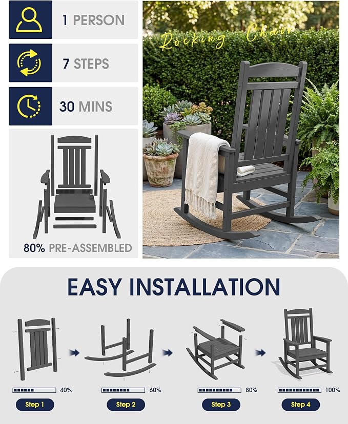 Oversized Outdoor Rocking Chairs Set of 2, HDPE Porch Rockers - Image 7