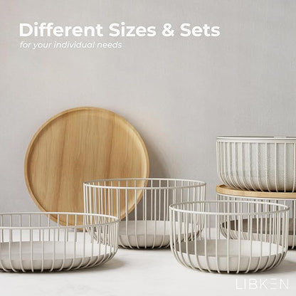 Fruit Basket for Kitchen - Multi-Purpose Stackable Basket with Wooden Lid - Powder Coated Metal and Rubber Wood - Wire Baskets for Organizing - Minimal Design - 4.5x11.4x11.4 - Warm Gray