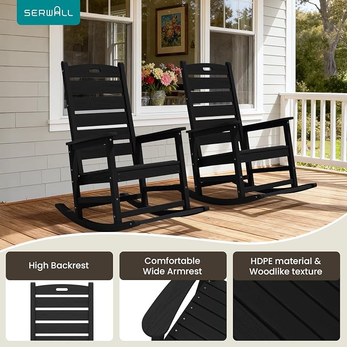 SERWALL Outdoor Rocking Chair Set of 4, Oversized HDPE Rocker, All Weather - Image 6