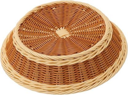 4 Pack Woven Bread Baskets, 11.5 Inch Round Imitation Rattan Basket Wicker Fruit Baskets, Woven Food Serving Basket for Family Party Kitchen Restaurant Outdoor, Brown & Beige