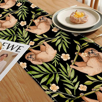 Funny Cute Sloth Flower Table Runner Dresser Scarves Seasonal Linen Tablerunner for Indoor Outdoor Kitchen Home Party Holiday Dining Table Decor 13 X 70 Inch