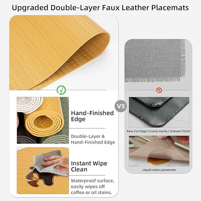 Faux Leather Placemats Set of 4 – 17x12 Inch Vinyl Table Mats, Heat Resistant, Non Slip, Wipeable & Washable, Easy to Clean Dining Table Decor for Kitchen & Dining Room（Golden Yellow）