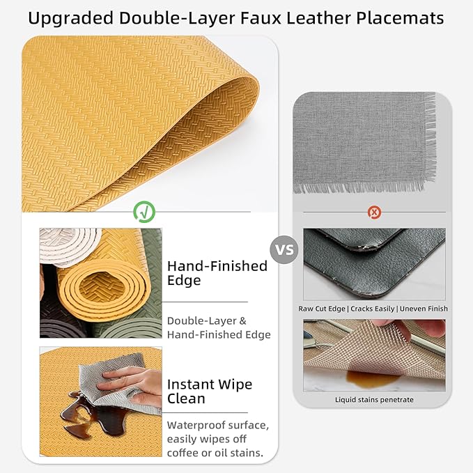 Round Faux Leather Placemats Set of 4 – 13 Inch Vinyl Table Mats, Heat Resistant, Non Slip, Wipeable & Washable, Easy to Clean Dining Table Decor for Kitchen & Dining Room – Golden Yellow