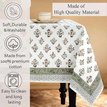 CPC Tablecloth 100% Cotton 72x140 Inch Indian Block Print Rectangle Table Cover, Green Table Cloth for Weddings, Spring/Summer, Barbeque - Forest Green