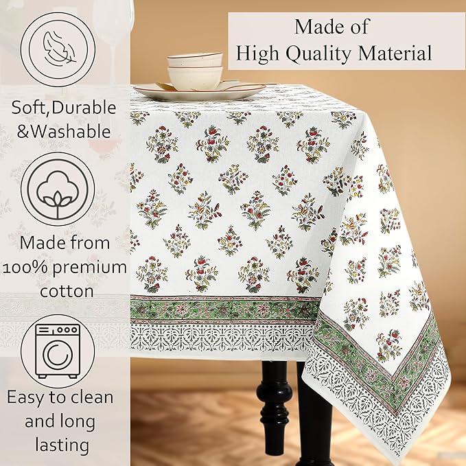 Cotton Print Club-100% Pure Cotton 80"x120" Tablecloth- Indian Hand Block Printed Rectangle - for Wedding, Mothers Day-Forest Green