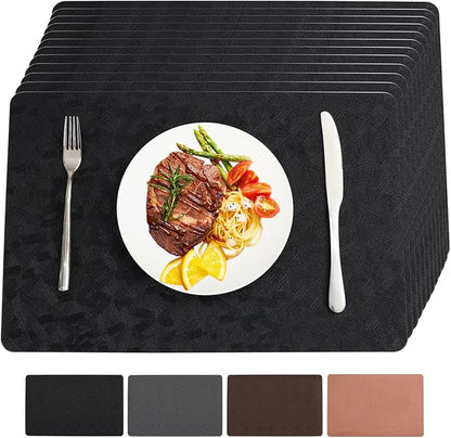 Vinyl Placemats Set of 12 Heat Resistant Easy Clean Non-Slip Place Mats for Dining Table. Faux Leather Waterproof Stain Resistant Wipeable Washable PU Table Mats(12, Black)