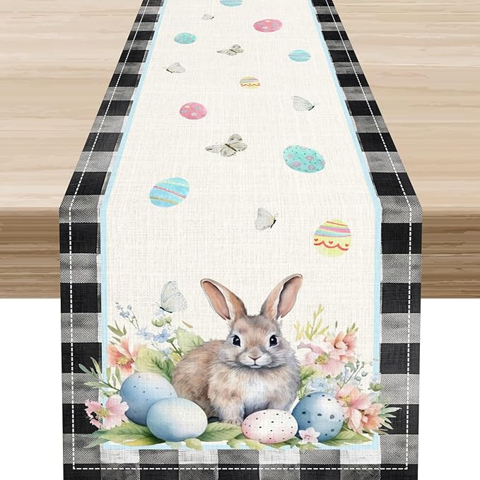Easter Table Runner,Vinatge Black Plaid Rabbit Easter Eggs Butterflies Floral Spring Table Center Decor for Family Kitchen and Living Room Outdoor Farmhouse Party Table Decorations, 13"x90"