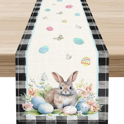 Easter Table Runner,Vinatge Black Plaid Rabbit Easter Eggs Butterflies Floral Spring Table Center Decor for Family Kitchen and Living Room Outdoor Farmhouse Party Table Decorations, 13"x90"