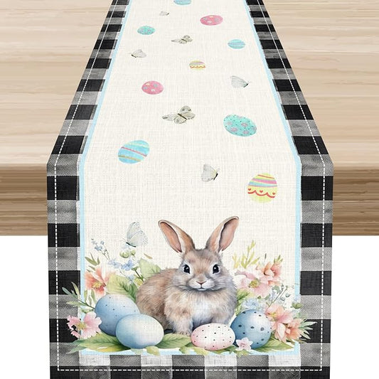 Easter Table Runner,Vinatge Black Plaid Rabbit Easter Eggs Butterflies Floral Spring Table Center Decor for Family Kitchen and Living Room Outdoor Farmhouse Party Table Decorations, 13"x72"