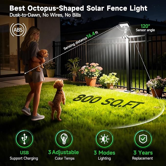 Solar Motion Sensor Outdoor Lights with Flexible Octopus Tripod, 600LM Lights with AC/DC Wired, IP65 Waterproof Adjustable Fixture Black for Camping Outside [4-Pack]