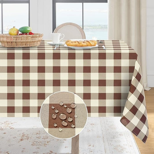 Softalker Gingham Checkered Tablecloth Rectangle - Outdoor Waterproof Buffalo Plaid Table Cloth, Stain Resistant Washable Table Cover for Picnic, Camping, Dining - Coffee and White, 60 x 120 Inch