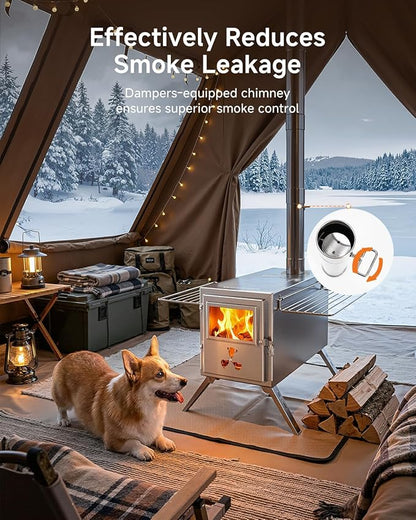 Hot Tent Wood Stove, Portable Wood Burning Stove with 7 Stainless Chimney Pipes, Camping Wood Stove for Outdoor Heating, Cooking, Ice Fishing, Hunting