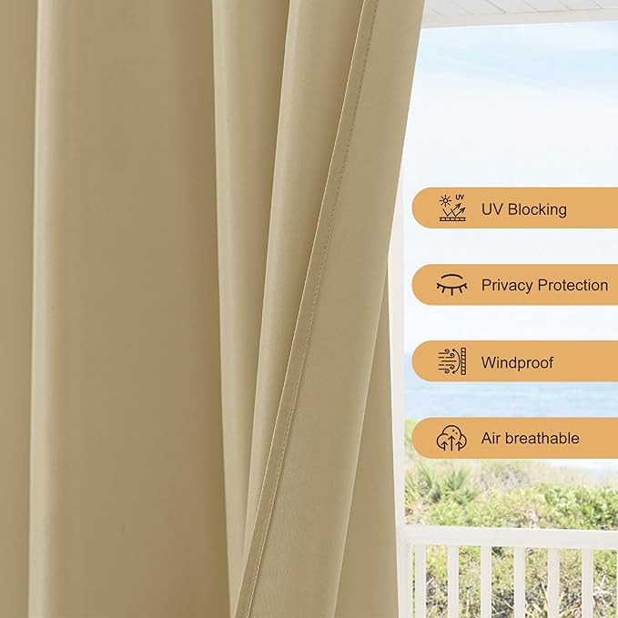 HolidayIdeas Outdoor Patio Curtains Waterproof with Rod Pocket 6 Panels 110x95 Inch- Weatherproof Balcony Outdoor Curtains for Apartments,Porch, Gazebo, Pergola, Sliding Glass Door, Cream