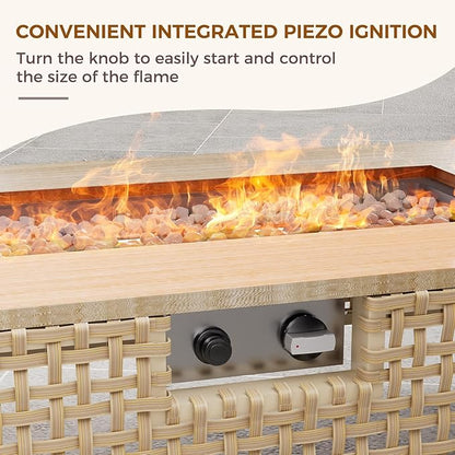 Grand patio 15-Piece Patio Furniture Set with 47" Fire Pit Table, Outdoor Conversation Set & 50,000 BTU 47 Inch Rectangle Propane Fire Pit & Storage Box with Water Resistant Thick Cushions, Cream