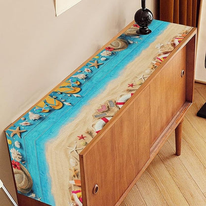 Summer Coastal Table Runner, Nautical Starfish Beach Seashell Ocean Retro Wooden Plank Seasonal Coffee Table Center Decor for Home Kitchen Dining Patio Holiday Party Table Decorations 13"x90"