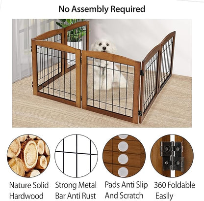 LZRS 6-Panel Extra Wide Wooden Freestanding Dog Gate: Foldable Solid Wood and Steel Wire Chew Resistant Safety Barrier for Doorways, Stairs, and Open Long Spaces Indoor Use, Cherry