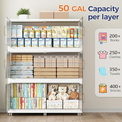 150GAL Extra Large Storage Bins with Lid, 600QT Collapsible Organizer with Wheels, Stackable Closet Cabinet with Doors, Folding Storage Containers for Home, Office, Kitchen, 3Pack White