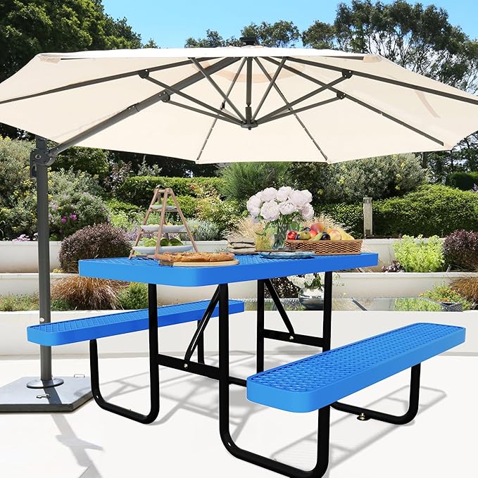 72'' Rectangular Steel Picnic Table for Outdoors,Commercial Metal Picnic Table Bench Set with Umbrella Hole,School Canteen Table W/Seats - Heavy Duty Sturdy Picnic Tables Furniture for Patio Garden