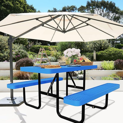 4FT Picnic Tables for Outdoors, Rectangular Commercial Metal Picnic Table Bench Set with Umbrella Hole,Heavy Duty Steel Weather-Resistant Dining Table for Patio Dining Garden Backyard BBQ School