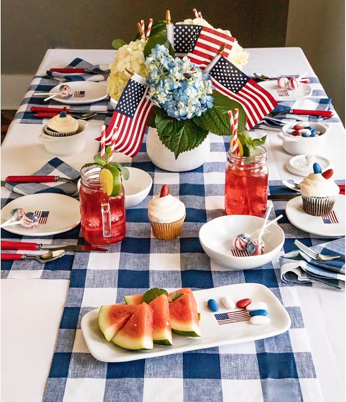 Solino Home Linen Checkered Table Runners 90 Inches Long - 100% Pure Linen Blue and White Buffalo Check Table Runner 14 x 90 Inch Ideal for Dining, Winter, Spring, Easter