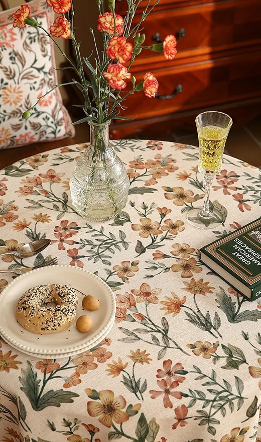 Designer Floral Linen Small Round Tablecloth,Vintage William Morris Soft and Durable Table Cloth,Decorative Table Cover for Kitchen,Dining,Thanksgiving,Christmas,Diameter 55"-Athea