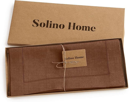 Solino Home Linen Brown Table Runner 108 Inches Long - 100% Pure Linen 14 x 108 Inch Table Runner - Classic Hemstitch