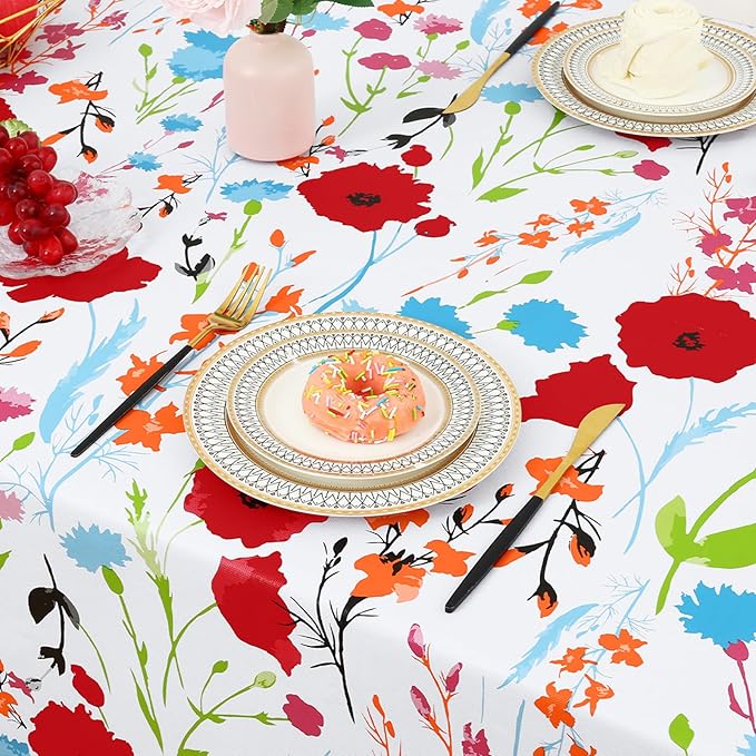 misaya Rectangle Waterproof Vinyl Table Cloth, Wipeable Tablecloth with Flannel Backing, Plastic Table Cover for Dinner, Picnic, Indoor and Outdoor (Flowers, 52" x 70")