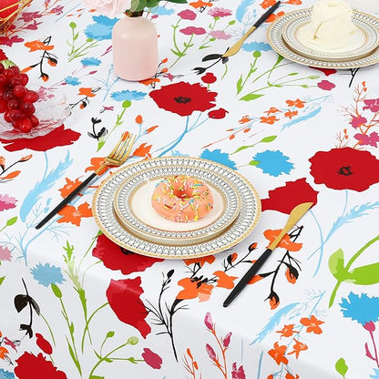 misaya Rectangle Waterproof Vinyl Table Cloth, Wipeable Tablecloth with Flannel Backing, Plastic Table Cover for Dinner, Picnic, Indoor and Outdoor (Flowers, 52" x 70")