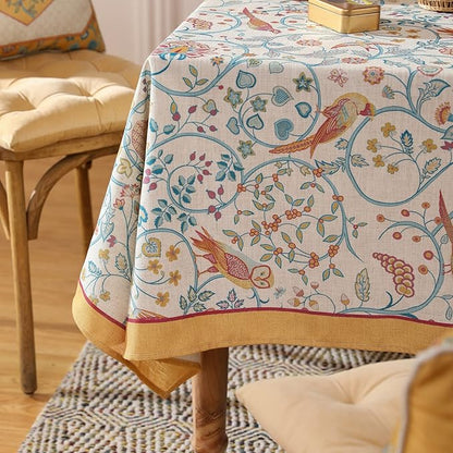 patdrea Designer Vintage French Rectangular Tablecloth,Floral Birds Pattern Linen Table Cloth,Fall Yellow Decor Table Cover for Kitchen Dining Banquet,Christmas,Thanksgiving,63"x87"-Magnolia