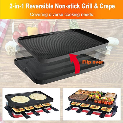 TAMARIT Classic 8 Person Raclette Grill 1500W Electric Tabletop Griddle with Reversible Plate, 8 Non-Stick Cheese Trays and Spatulas Indoor Portable Korean BBQ Barbecue Party Grill Red