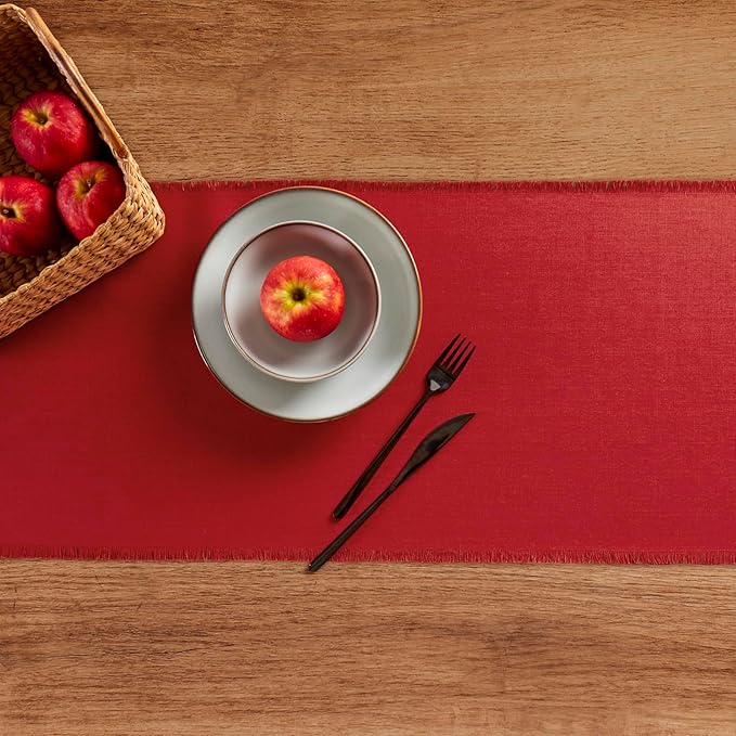 Solino Home Fringe Linen Table Runner 60 Inches - 100% Pure Linen Cherry Red Table Runner 14 x 60 Inch Ideal for Dresser and Coffee Tables - Valentines