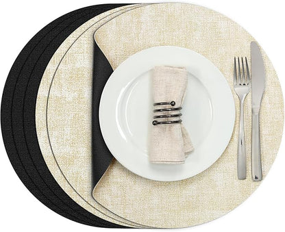Myir JUN Round Placemats, Dual Sided Faux Leather Place Mats Set of 6 Indoor/Outdoor Non-Slip Washable Table Mats (Cream-White Black, Set of 6)