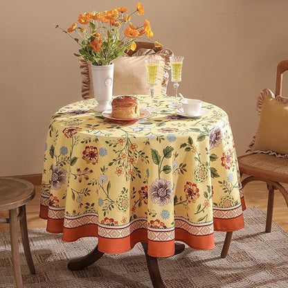Vintage Linen Tablecloth for Round Table,Yellow Floral French Wrinkle Free Tablecloths,Decorative Table Cover for Kitchen,Dining,Thanksgiving,Party,Farmhouse,Diameter 67"-Bellano