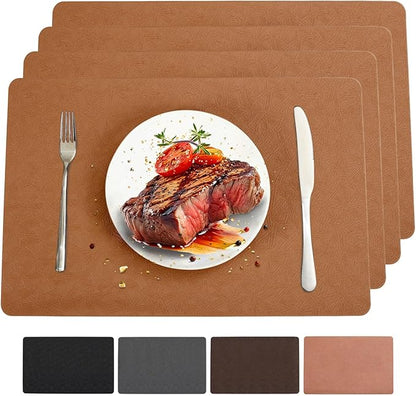 Vinyl Placemats Set of 4 Heat Resistant Easy Clean Non-Slip Place Mats for Dining Table. Faux Leather Waterproof Stain Resistant Wipeable Washable PU Table Mats(4, Light Brown)