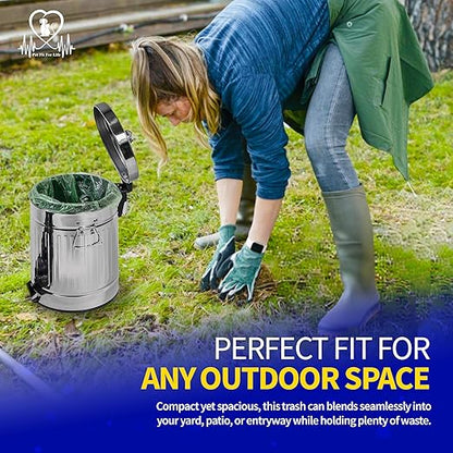 Pet Fit For Life 11" Tall Galvanized Steel Trash Can - Features Step Foot Pedal, Lid Lift - Plastic Inner Lining & Custom Liner Bags - Weather-Resistant, Covered Bin for Lawn & Yard (5L/1.3 Gallons)