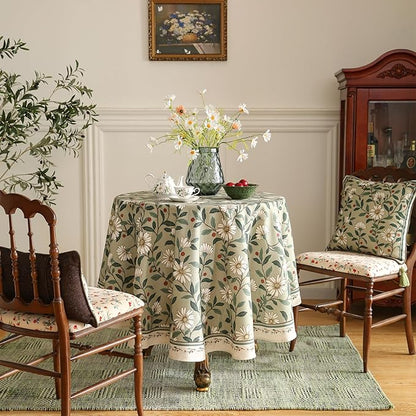 ISAENNE Designer Green Linen Round Tablecloth,Floral French Country Indoor Table Cloth,Stain Resistant Home Decor Tablecloths for Dining Kitchen Thanksgiving Christmas Party,67"*67"-Brune
